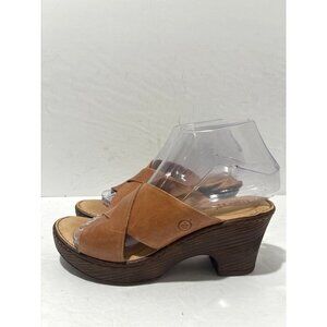Born Womens Coney Leather Mules Platform Wedge Heel Sandals Tan Brown Size 7